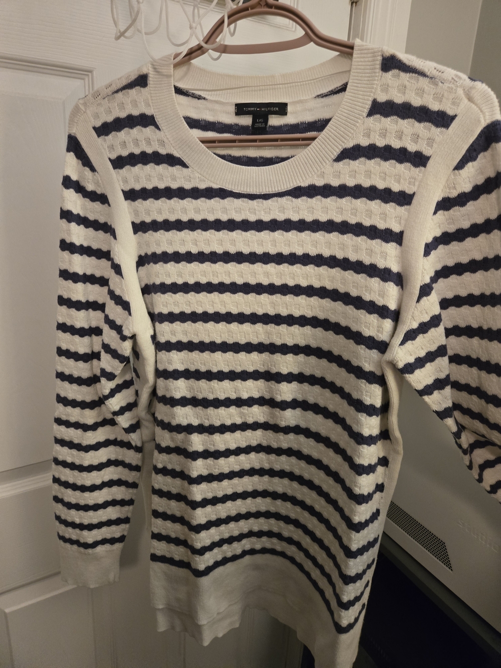 Tommy Hilfiger Cream and Navy Striped Crewneck Sweater
